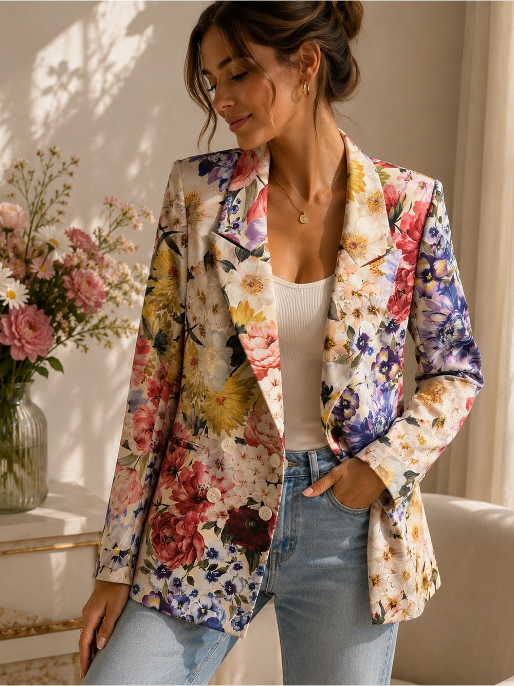 Floral Satin Double Breasted Blazer Jacket Size Small Romantic